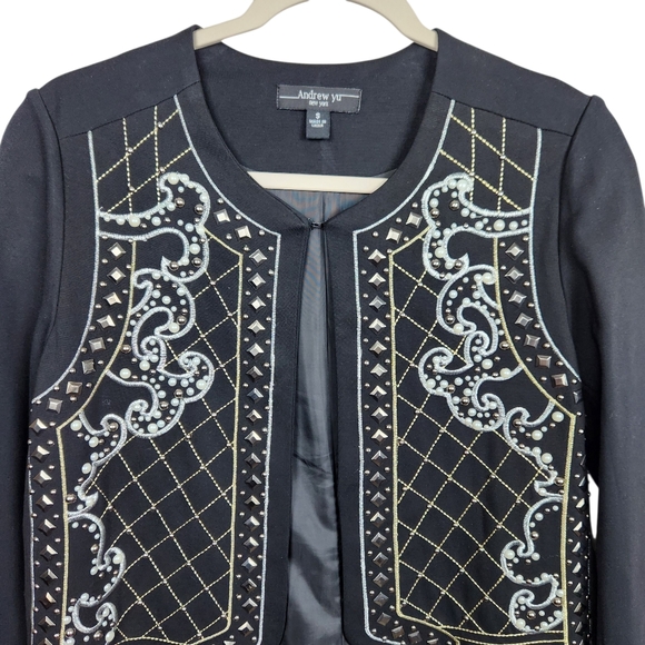 Andrew Yu New York Black Pearl Embroidered Bead Long Blazer Jacket Womens Size S - Picture 4 of 13